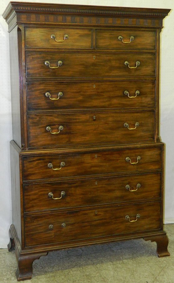 18th c mah Chipp. chest on chest: 18th century mahogany Chippendale chest on chest with chamfered corners, dental molding and antique swan neck pulls. 43 1/2" wide x 20 1/4" deep x 73 1/2" tall.