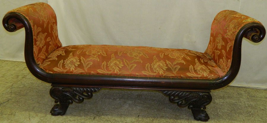 Mah. rolled arm Empire claw foot window bench.: Mahogany rolled arm Empire claw foot window bench. 6' long.