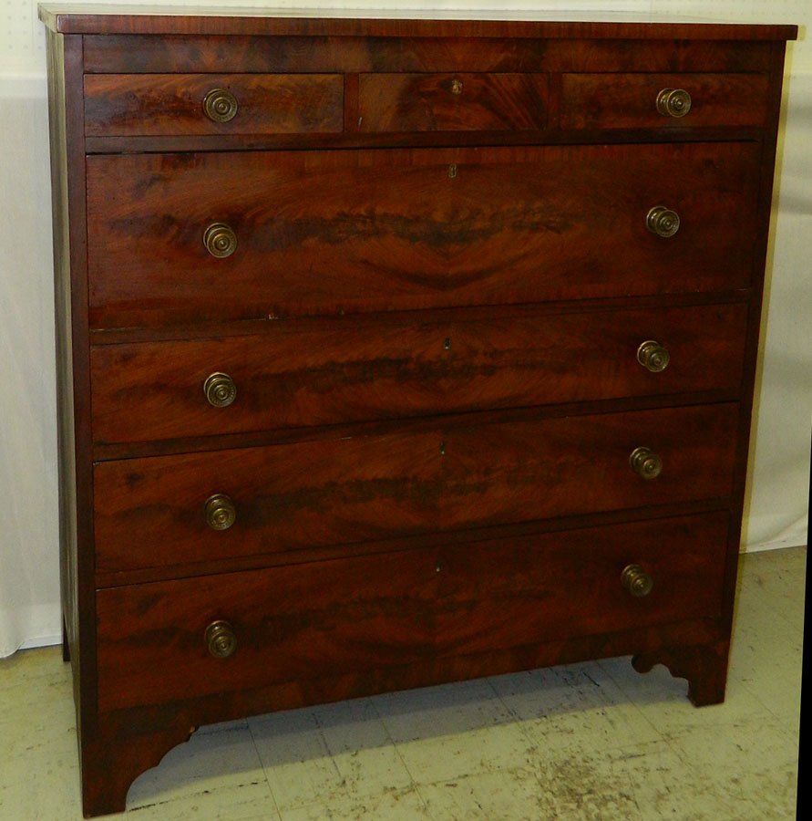American mah. Sheraton 3/4 drawer chest: American mahogany Sheraton 3/4 drawer chest circa 1830. 46" wide x 20 1/4" deep x 48 1/4" tall.