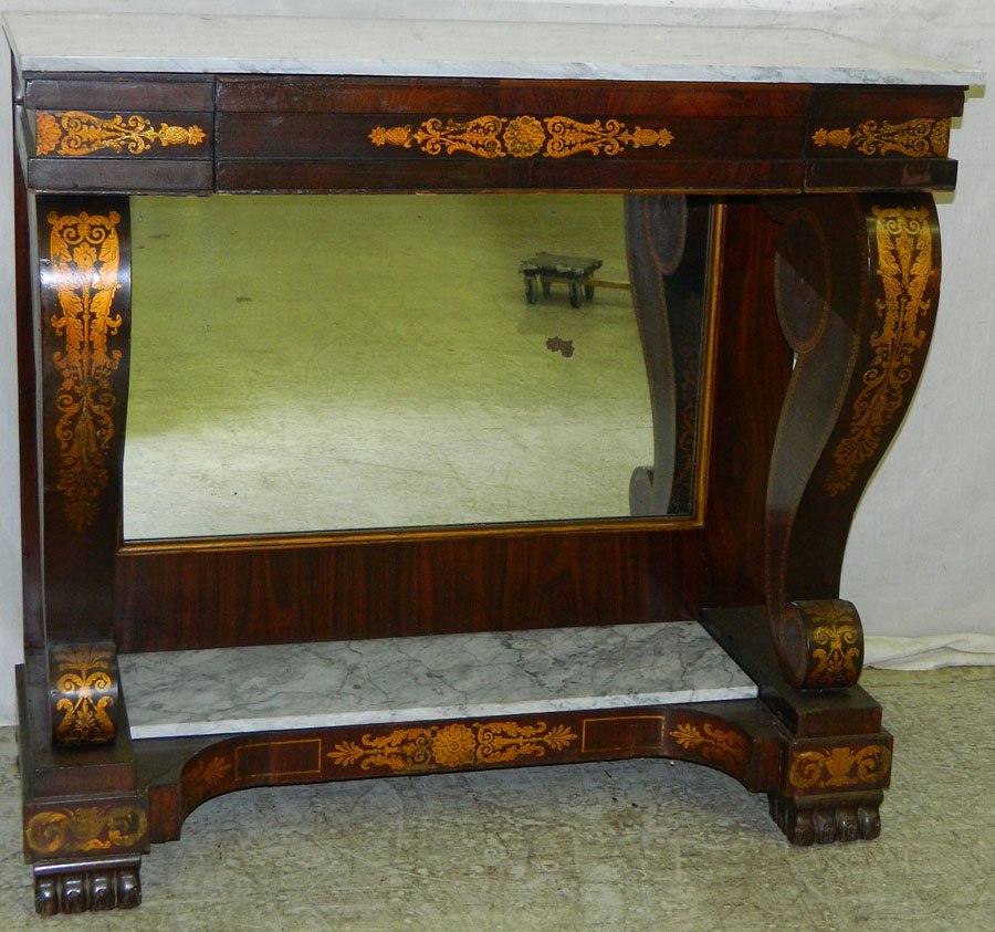 Amer. classical MT and base petticoat pier table: American classical marble top and base petticoat pier table with original stenciling. 43 3/4" wide x 20" deep x 40 5/8" tall.