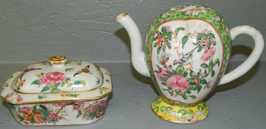 Mandarin soap dish & Famille Rose tea pot: Mandarin soap dish with strainer 5 1/4" x 4", has a large chip, and Famille Rose puzzle tea pot 6" tall, small chip in spout.