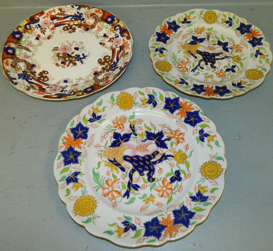 2 Eng ironstone plates & 1 Stoke-on-Trent plate: (2) English ironstone plates and (1) Stoke-on-Trent plate. 9 1/4" diameter to 10 1/4"