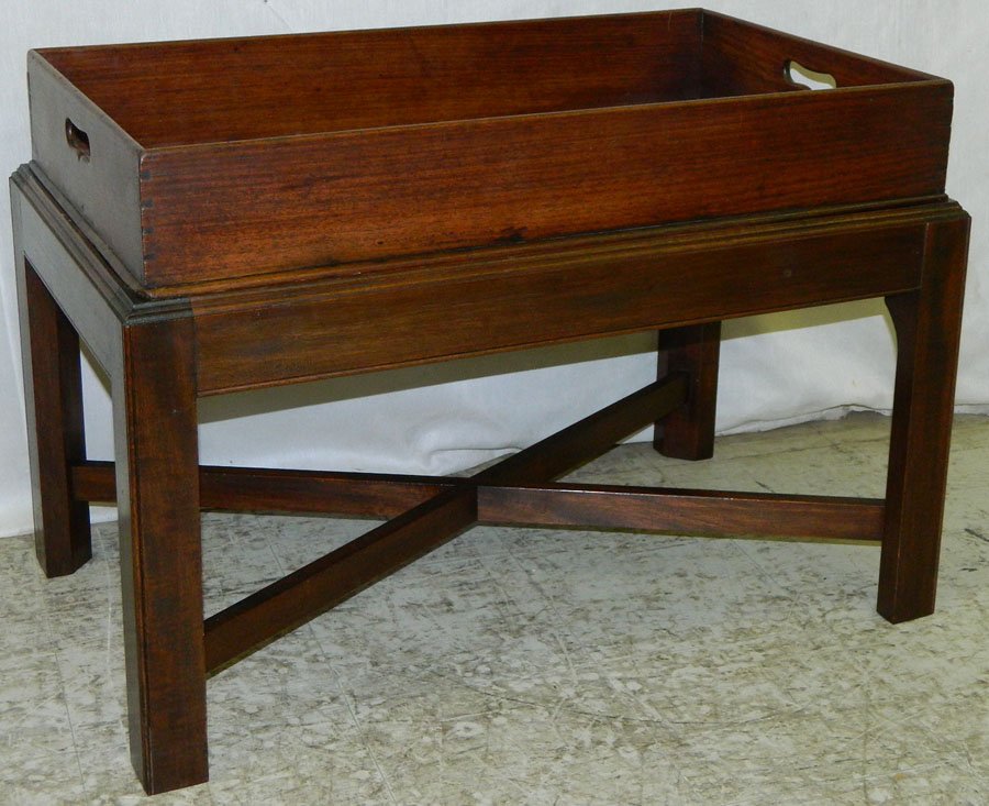 18th century walnut butlers tray with later stand.: 18th century walnut butlers tray with later stand. 29 1/2" x 17 1/2" x 20" tall.