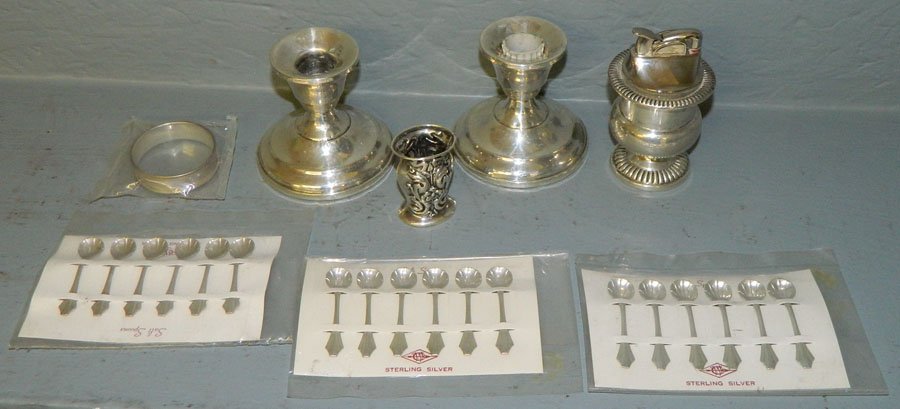 23 pieces sterling: (23) pieces sterling, including lighter, napkin ring, salt spoons and other items.