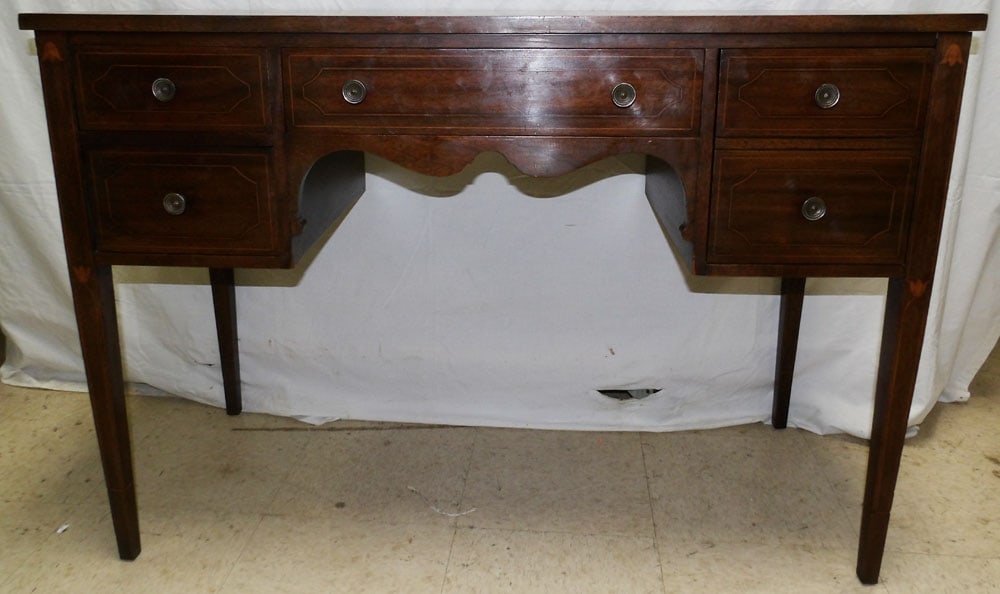 Mahogany Inlaid Dressing Vanity by Trutype: Mahogany Inlaid Dressing Vanity by Trutype. 43" W 18 1/4" D 30 1/4" H ALL DESCRIPTIONS AND ANY CONDITION STATEMENT GIVEN BY LANGSTON AUCTION GALLERY ARE STRICTLY OPINIONS AND LANGSTON'S SHALL HAVE NO 