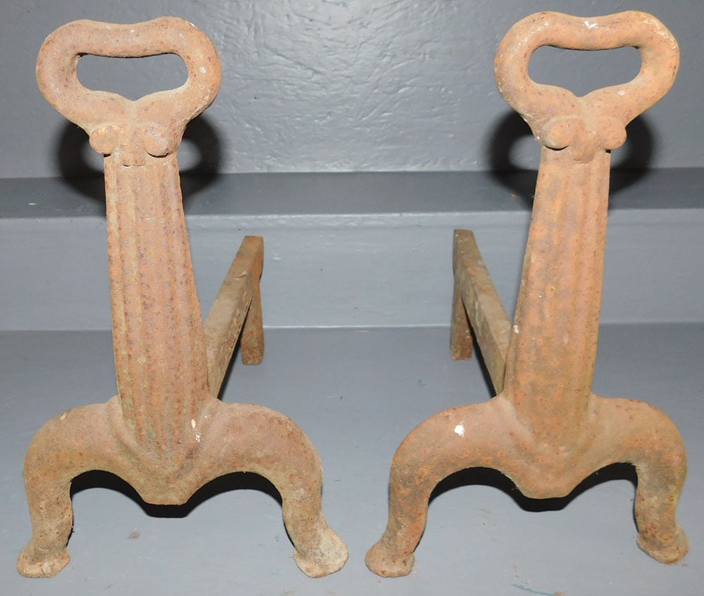 Pair of Antique Cast Iron Andirons: Pair of Antique Cast Iron Andirons. 15" H ALL DESCRIPTIONS AND ANY CONDITION STATEMENT GIVEN BY LANGSTON AUCTION GALLERY ARE STRICTLY OPINIONS AND LANGSTON'S SHALL HAVE NO RESPONSIBILITY FOR ERRORS OR