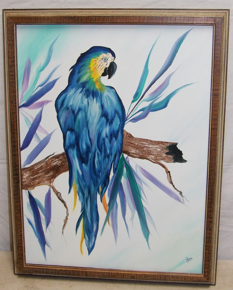 Framed Oil on Canvas of a Parrot Perched on Branch Artist Signed: Framed Oil on Canvas of a Parrot Perched on Branch Artist Signed. 20 1/2" x 26 1/2" ALL DESCRIPTIONS AND ANY CONDITION STATEMENT GIVEN BY LANGSTON AUCTION GALLERY ARE STRICTLY OPINIONS AND LANGSTON'S 