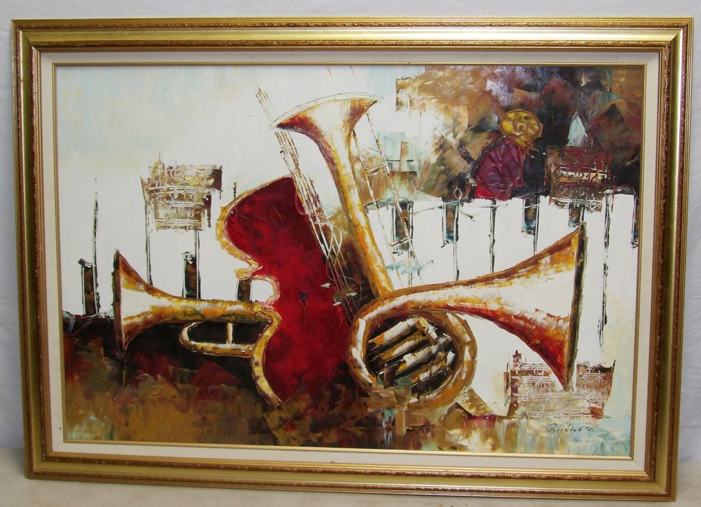 Framed Oil on Canvas Abstract of Musical Instruments: Framed Oil on Canvas Abstract of Musical Instruments . 41 1/2" x 29 3/4" ALL DESCRIPTIONS AND ANY CONDITION STATEMENT GIVEN BY LANGSTON AUCTION GALLERY ARE STRICTLY OPINIONS AND LANGSTON'S SHALL HAVE