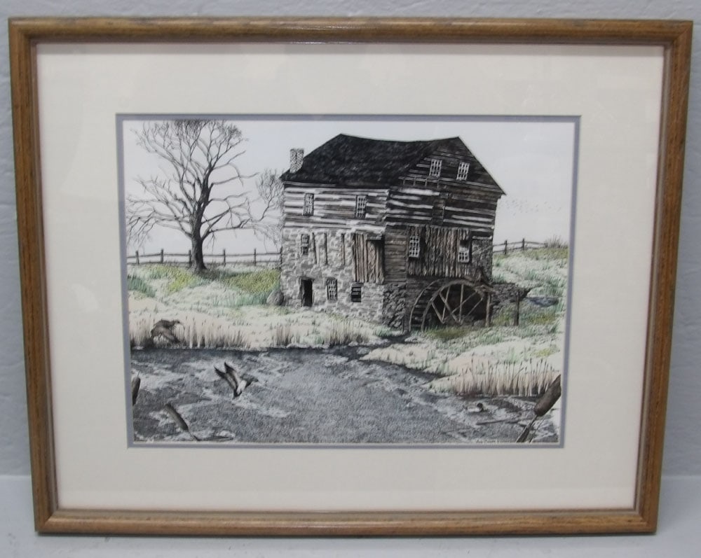 Framed Hand-Colored Engraving of Water Mill & Mallard Ducks by William Beall (1 of 4)