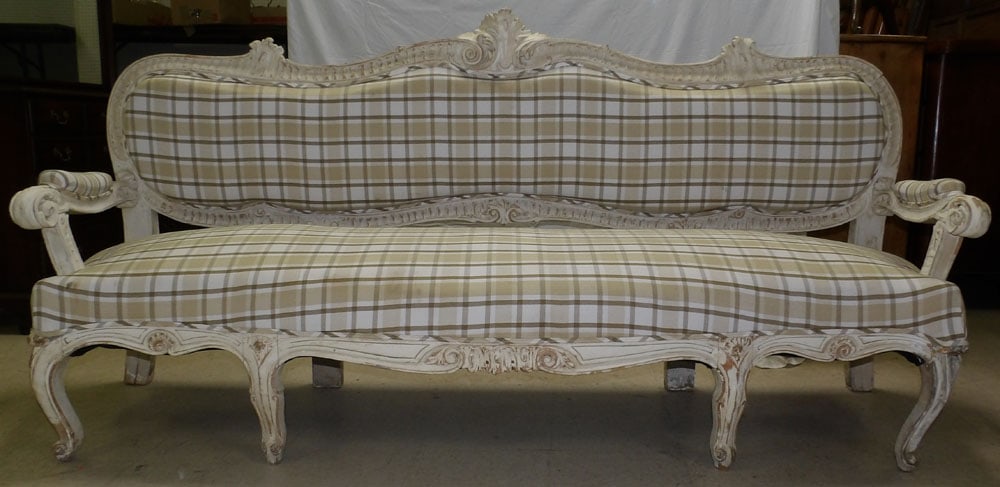 Distressed Painted Carved Wood & Upholstered French Settee (1 of 5)