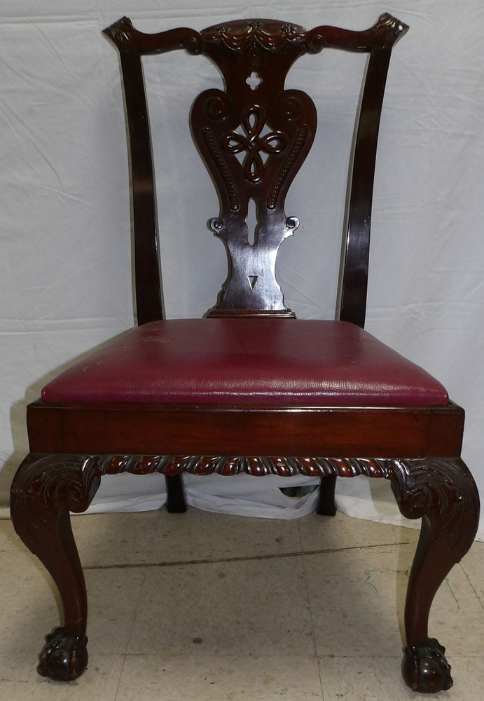 Antique Carved Mahogany Side Chair with Ball & Claw Feet: Antique Carved Mahogany Side Chair with Ball & Claw Feet. 38 1/2" H ALL DESCRIPTIONS AND ANY CONDITION STATEMENT GIVEN BY LANGSTON AUCTION GALLERY ARE STRICTLY OPINIONS AND LANGSTON'S SHALL HAVE NO RE