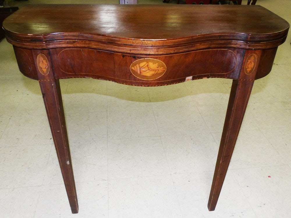 Antique Mahogany Conch Shell Inlaid Fold Over Top Game Table (1 of 5)