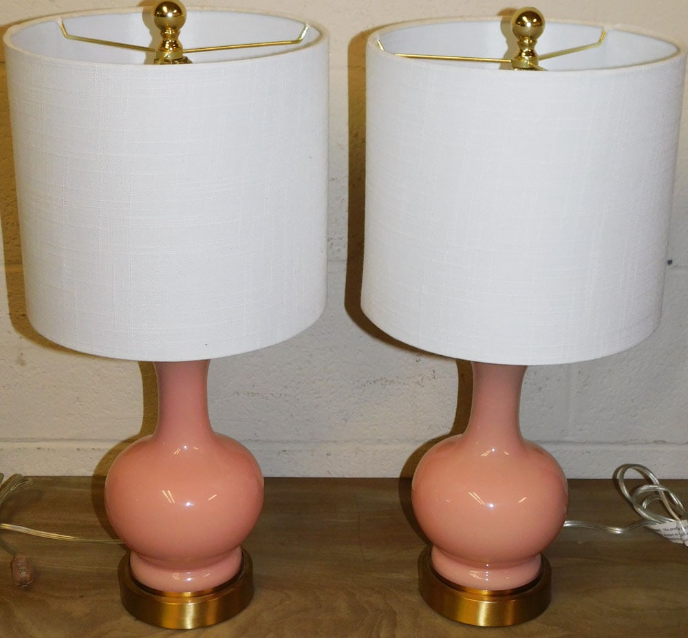 Pair of Modern Opaque Pink Glass Lamps by Jonathan Y: Pair of Modern Opaque Pink Glass Lamps by Jonathan Y. 21" H ALL DESCRIPTIONS AND ANY CONDITION STATEMENT GIVEN BY LANGSTON AUCTION GALLERY ARE STRICTLY OPINIONS AND LANGSTON'S SHALL HAVE NO RESPONSIBI