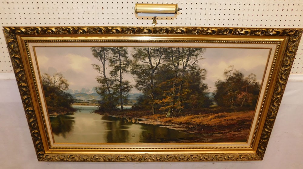 Large Oil on Canvas Lake Scene Artist Signed D. Hans: Large Oil on Canvas Lake Scene Artist Signed D. Hans. 56 1/4" x 32 1/2" ALL DESCRIPTIONS AND ANY CONDITION STATEMENT GIVEN BY LANGSTON AUCTION GALLERY ARE STRICTLY OPINIONS AND LANGSTON'S SHALL HAVE N