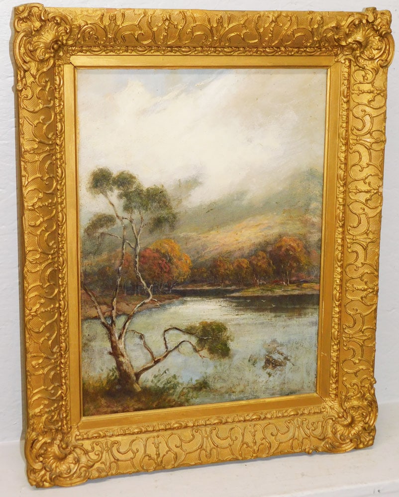 19th Century European Country Landscape River Scene Signed London on Canvas in Ornate Frame (1 of 5)