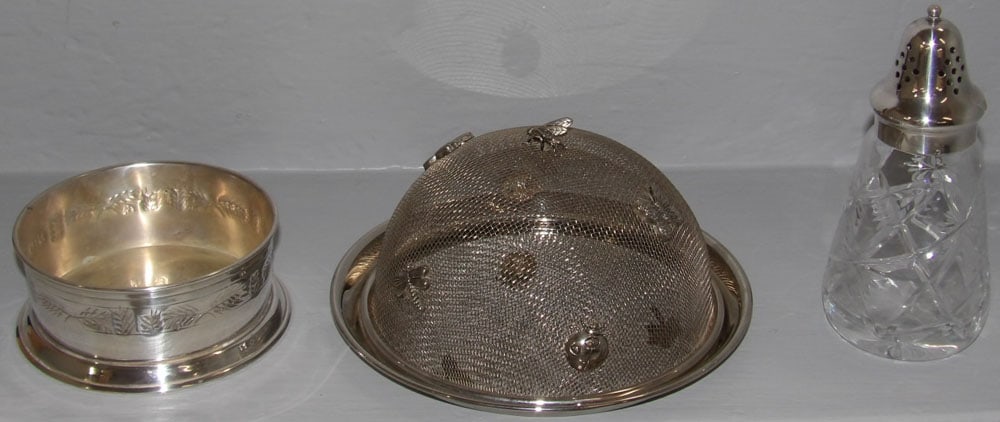 Signed Royal Brierley Cut Muffineer, Silverplated Mesh Dome Top Shoo Fly Dish, & Ornate Wine Coaster: Signed Royal Brierley Cut Muffineer, Silverplated Mesh Dome Top Shoo Fly Dish, & Ornate Wine Coaster . Up to 6" H ALL DESCRIPTIONS AND ANY CONDITION STATEMENT GIVEN BY LANGSTON AUCTION GALLERY ARE STR