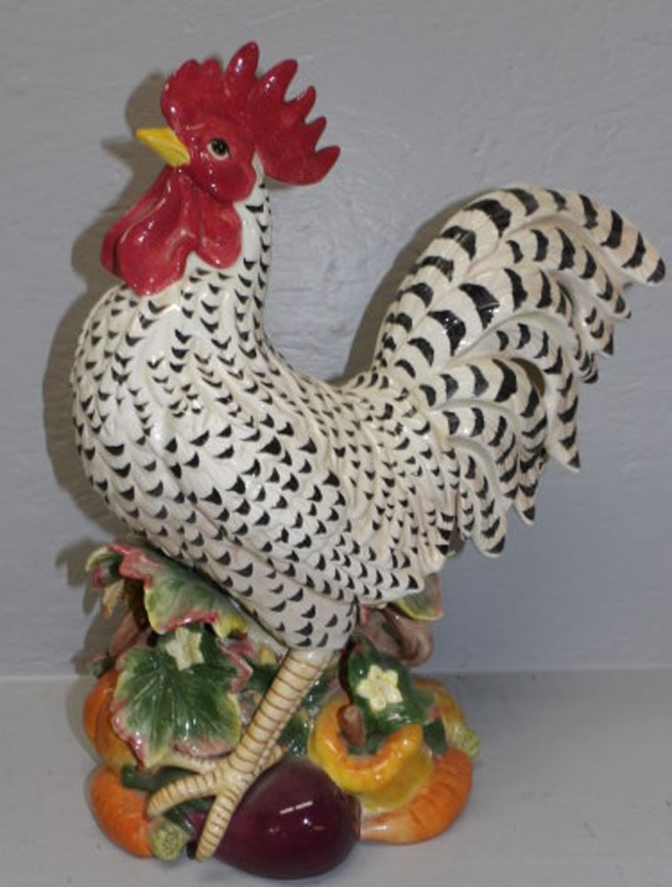 Painted Porcelain Rooster by Fitz & Floyd: Painted Porcelain Rooster by Fitz & Floyd. 15 3/4" H ALL DESCRIPTIONS AND ANY CONDITION STATEMENT GIVEN BY LANGSTON AUCTION GALLERY ARE STRICTLY OPINIONS AND LANGSTON'S SHALL HAVE NO RESPONSIBILITY FO