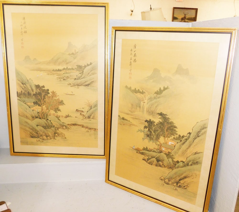 Pair of Framed Watercolors on Silk Signed with Character Marks (1 of 7)