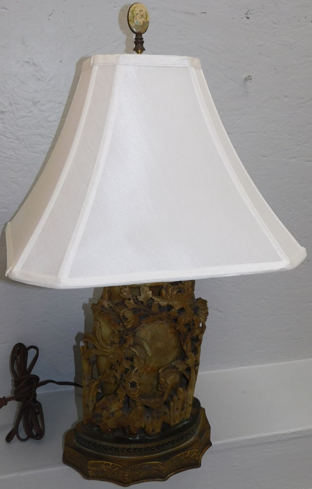 Large Antique Carved Soapstone Vase Made Into Lamp with Bird Feeding Young Motif (1 of 7)