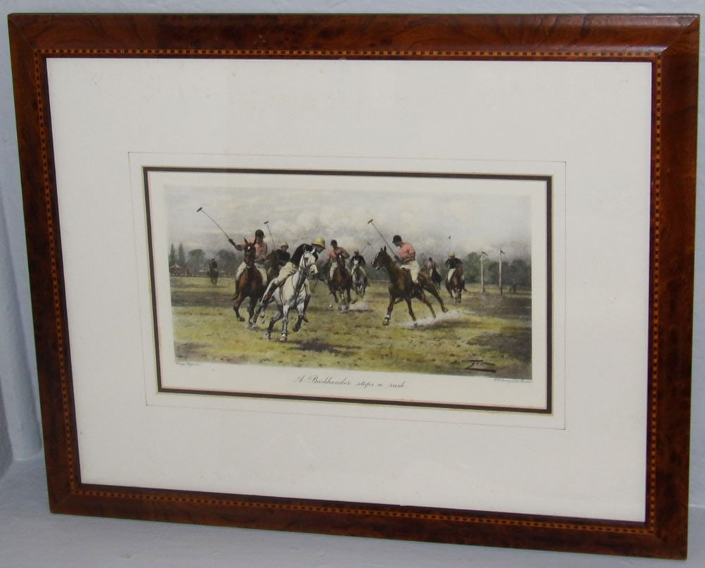 Burled Walnut & Inlaid Frame Hand-Colored Polo Engraving by George Wright, "A Backhander Stops the (1 of 6)