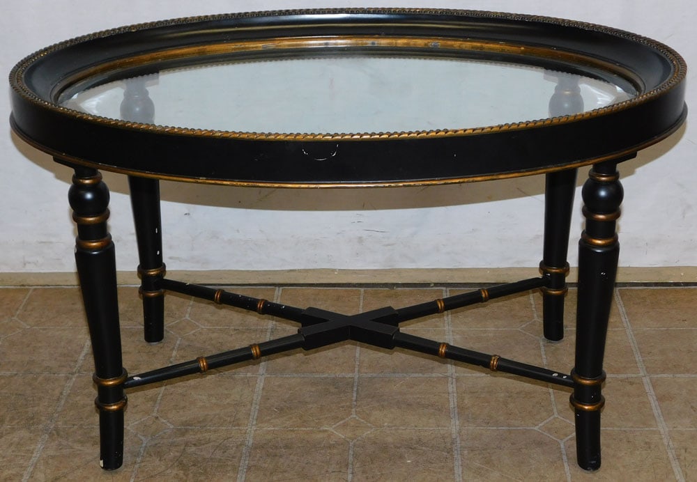 Black Lacquered & Bevel Edge Glass Top Oval Tea Table (1 of 2)