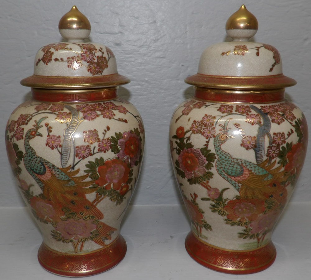Pair of Oriental Painted Porcelain Urns with Peacock Motif (1 of 3)