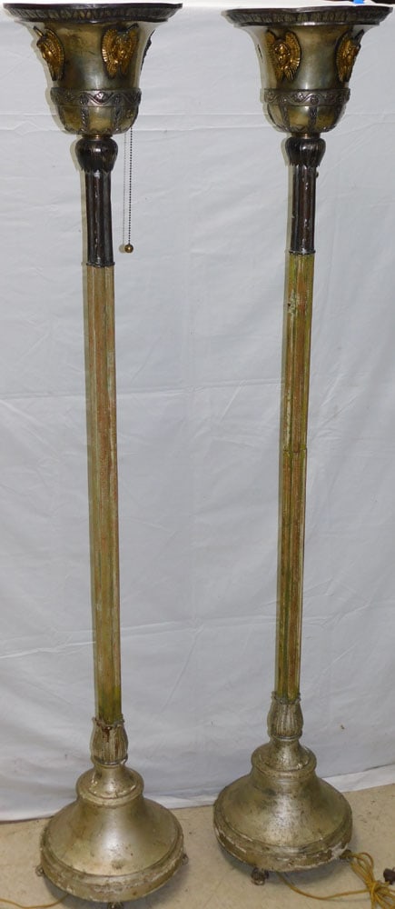 Pair of Antique & Gilded Metal Winged Angel Torchiere Floor Lamps with Claw Feet (1 of 6)