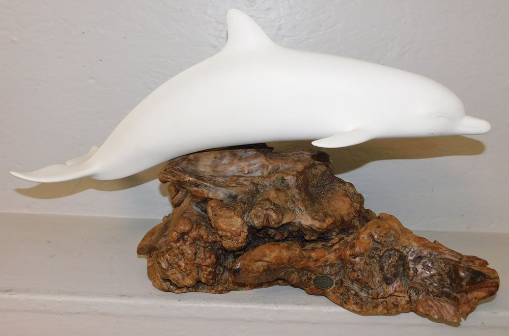Painted Resin Dolphin Sculpture on Driftwood Base Signed John Perry (1 of 3)