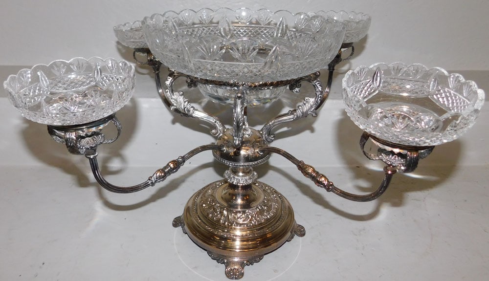Silverplated Sheffield 5 Arm Epergne with Anglo Irish Cut Bowls (1 of 5)