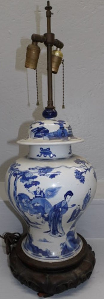 Antique Oriental Blue & White Porcelain Covered Urn Made Into Lamp (1 of 2)
