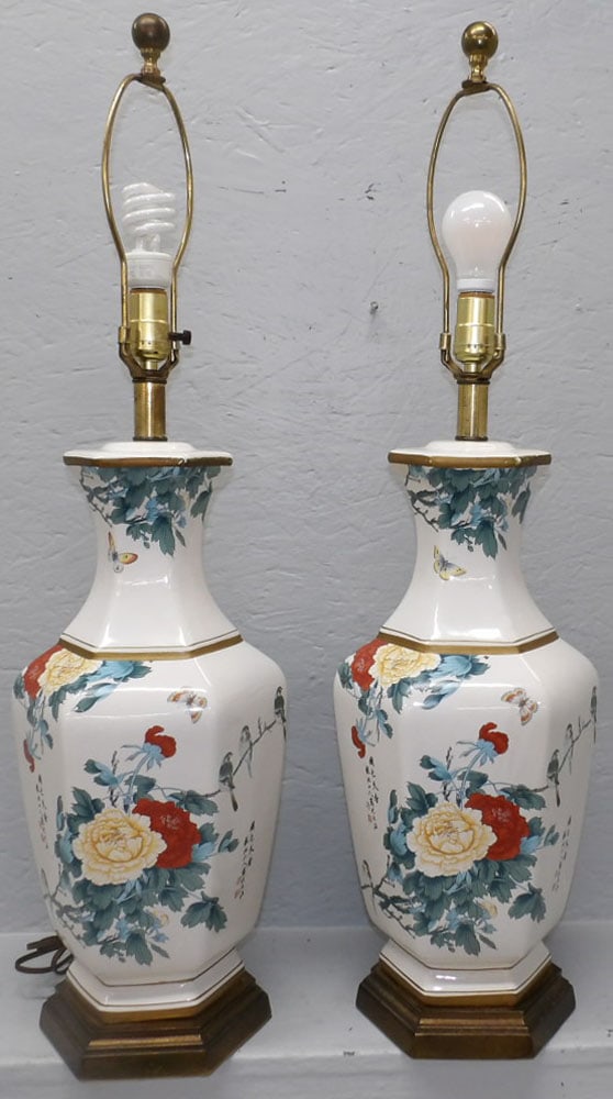 Pair of Oriental Porcelain Vases Made Into Lamps with Bird Motif & Character Marks (1 of 6)