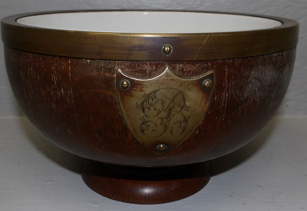 Antique Oak & Brass Bound Porcelain Lined Bowl (1 of 3)