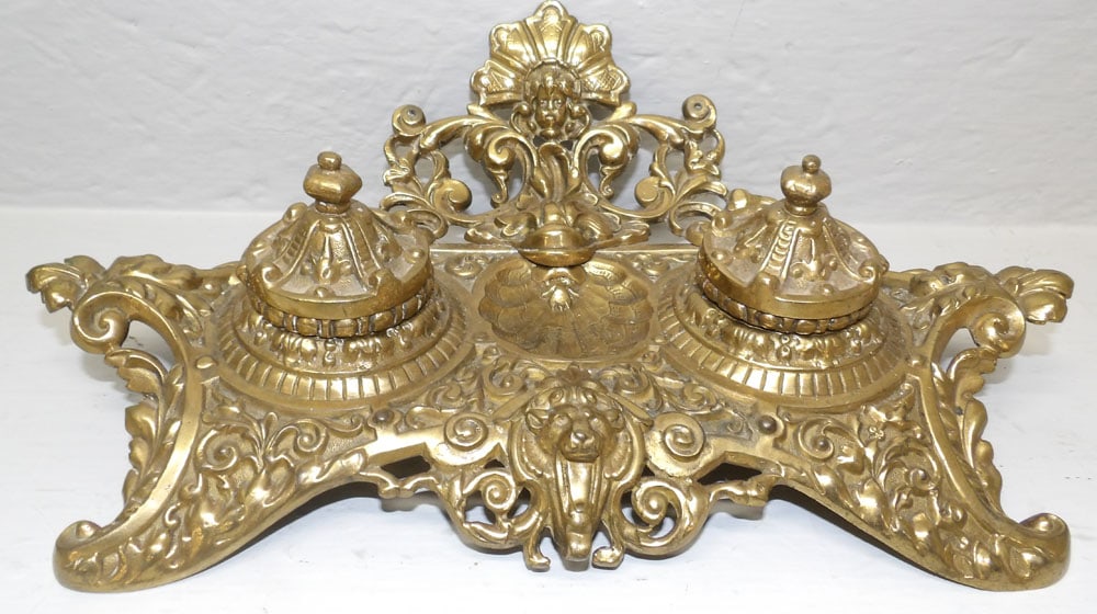 Ornate Cast Brass Double Inkwell (1 of 3)
