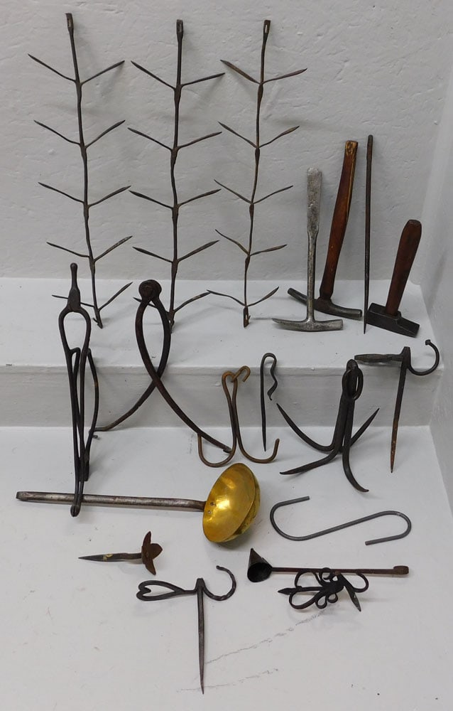 Lot of Antique Forged Iron Meat Hooks, Ladle, & 3 Hammers (1 of 4)
