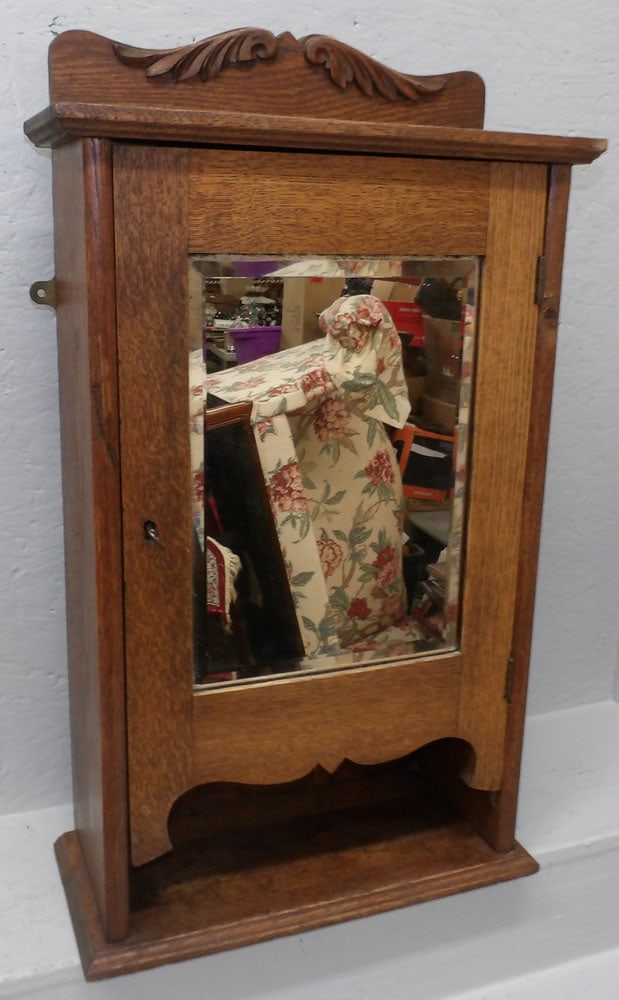 Antique Oak Medicine Cabinet with Bevel Edge Mirror Door (1 of 3)