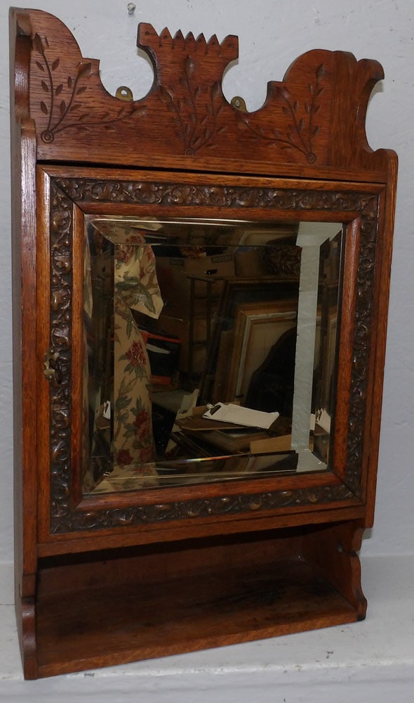 Antique Oak Medicine Cabinet with Bevel Edge Mirror Door (1 of 4)