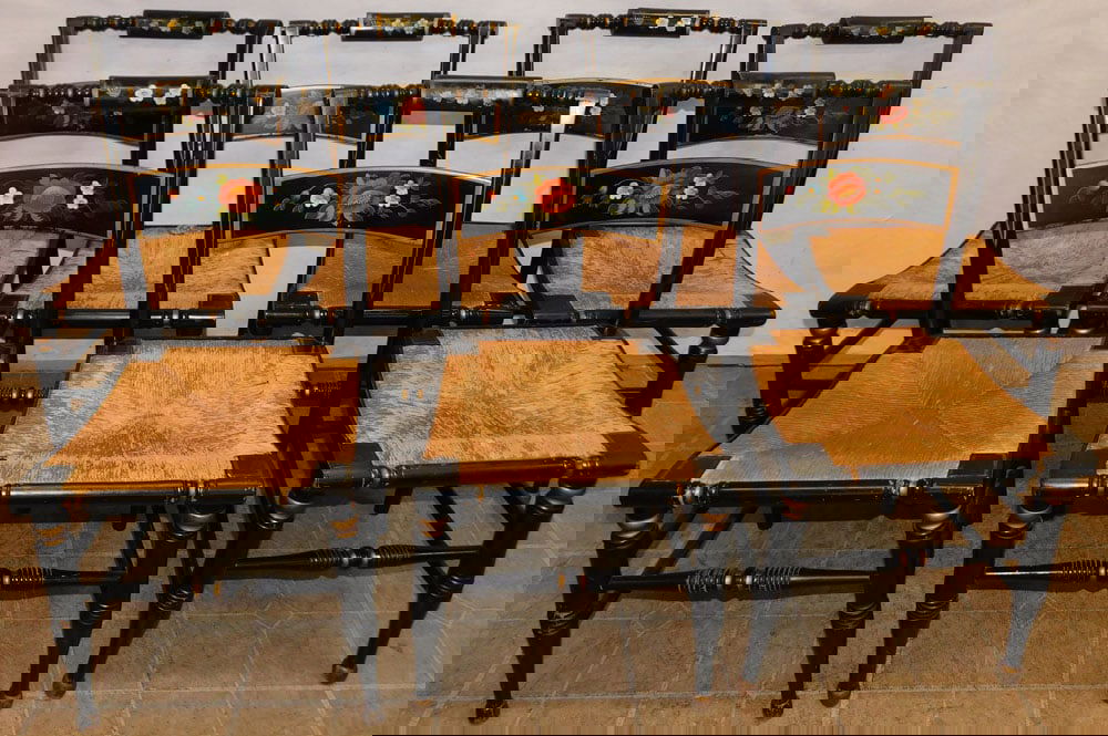 Set of 7 Paint Decorated Dining Chairs with Rush Seats (1 of 5)