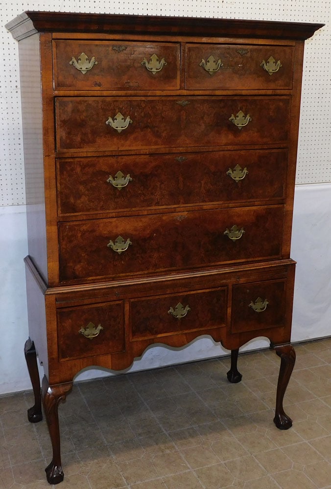 Burled Walnut 2 Part Chest on Stand with Ball & Claw Feet (1 of 9)