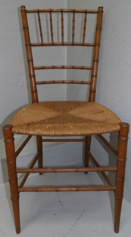 Antique Faux Bamboo Oak Side Chair with Rush Seat (1 of 4)