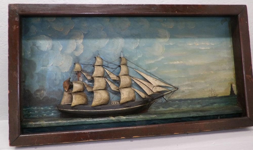 Antique Painted Wood Ship Diorama in Shadowbox Frame (1 of 3)