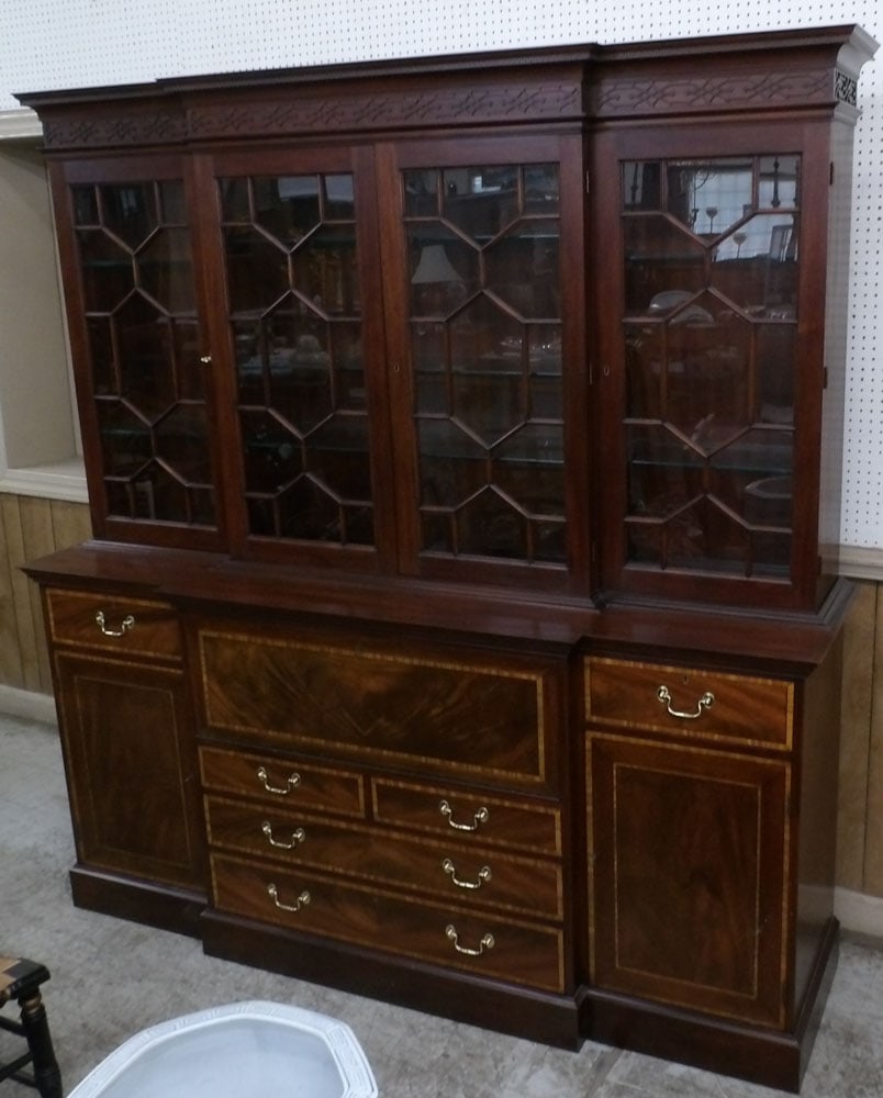 Mahogany Inlaid 2 Piece Glass Door Breakfront with Drop Front Writing Compartment by Henkel Harris (1 of 16)