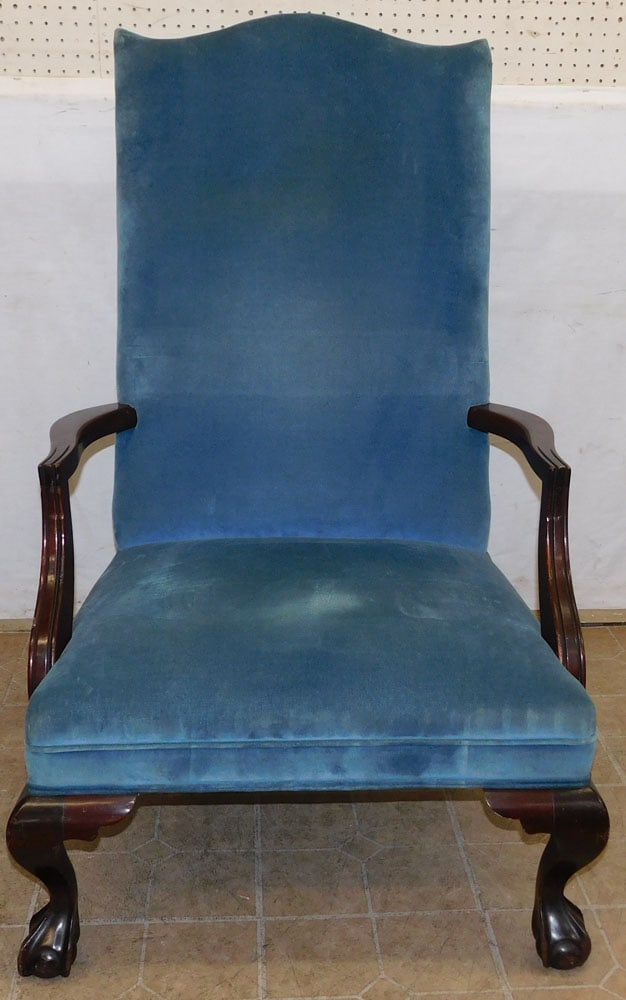 Antique Mahogany Library Chair with Ball & Claw Feet: Antique Mahogany Library Chair with Ball & Claw Feet . 46 1/2" H ALL DESCRIPTIONS AND ANY CONDITION STATEMENT GIVEN BY LANGSTON AUCTION GALLERY ARE STRICTLY OPINIONS AND LANGSTON'S SHALL HAVE NO RESPO