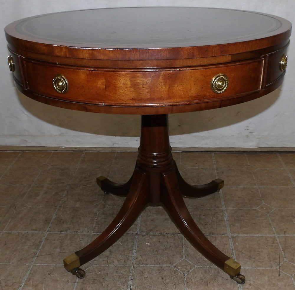 Mahogany Tooled Leather Top Drum Table with Drawer by Henredon (1 of 4)