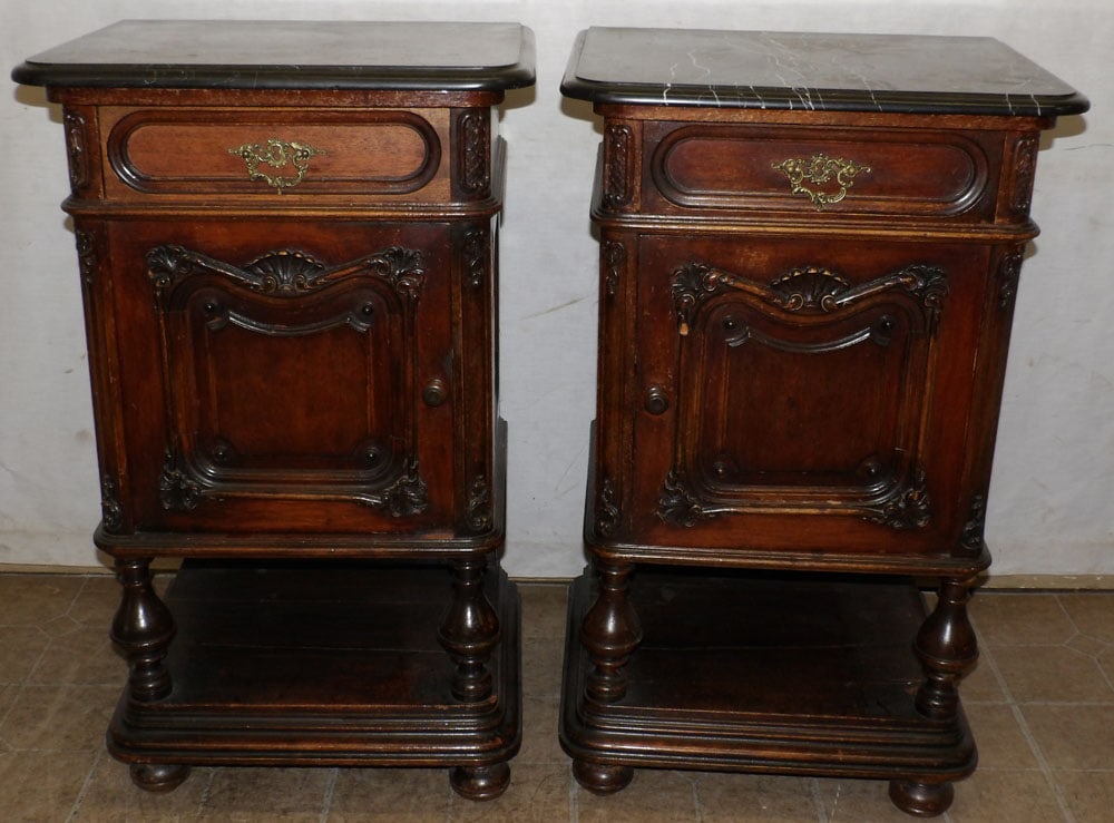 Pair of Antique Carved Walnut French Marble Top Night Stands (1 of 5)