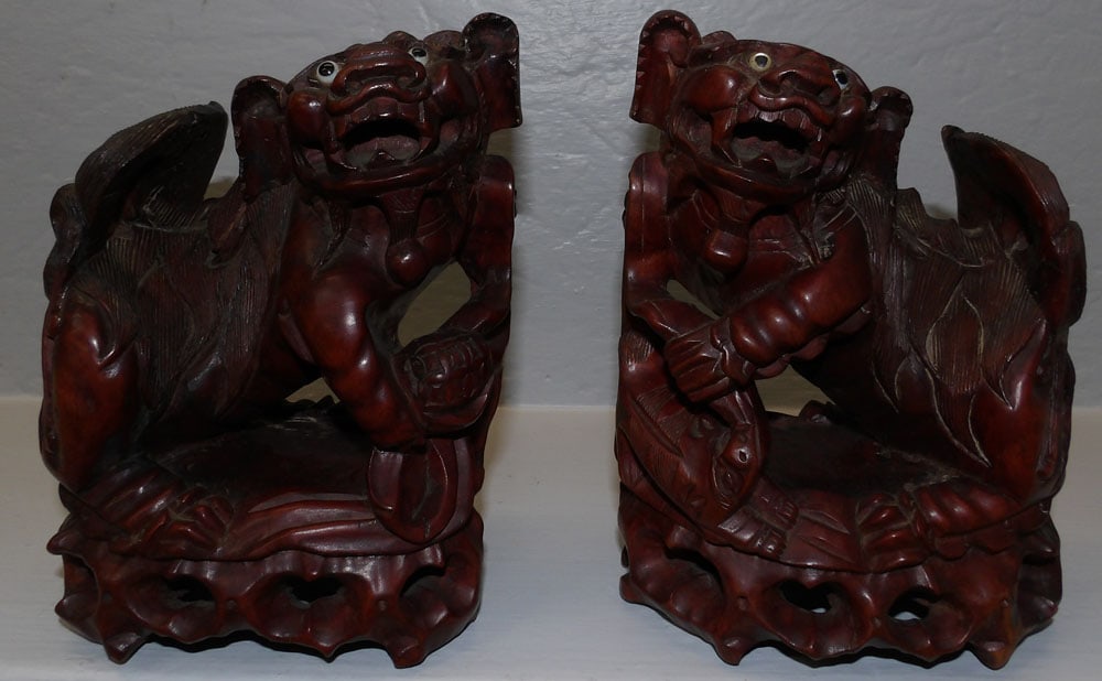 Pair of Carved Teakwood Foo Dog Bookends with Glass Eyes (1 of 5)