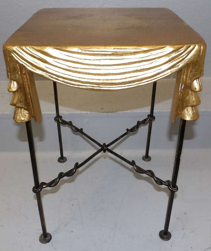 Painted Carved Wood & Wrought Iron Base Stand: Painted Carved Wood & Wrought Iron Base Stand . 12 1/2" Dia. 18 1/4" H ALL DESCRIPTIONS AND ANY CONDITION STATEMENT GIVEN BY LANGSTON AUCTION GALLERY ARE STRICTLY OPINIONS AND LANGSTON'S SHALL HAVE NO