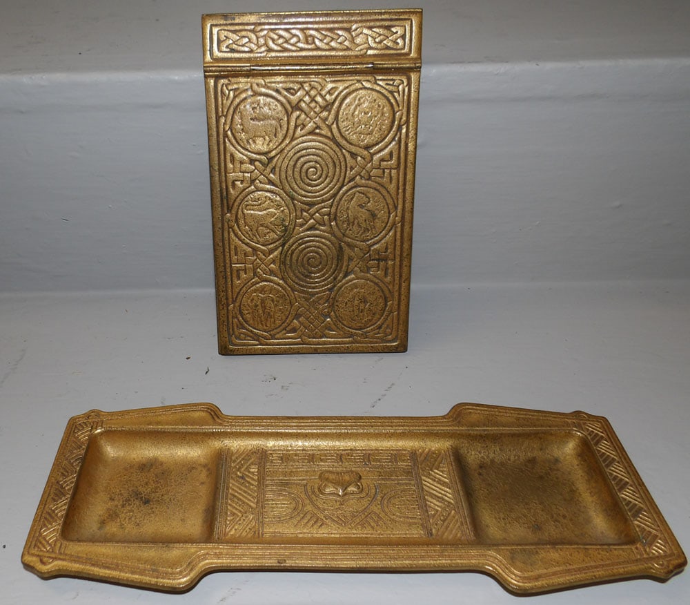 Signed Tiffany Studios Bronze Inkwell Stand & Paper Holder (1 of 4)
