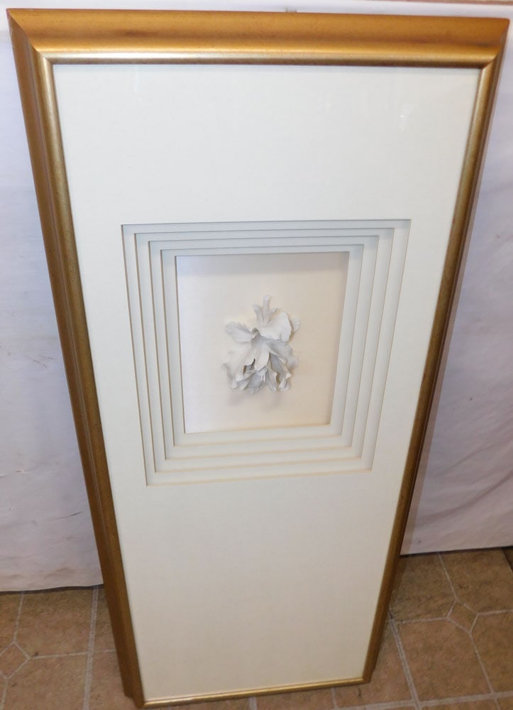 Modern Porcelain Flower in Gilded Shadow Box Frame: Modern Porcelain Flower in Gilded Shadow Box Frame. 19" X 43 1/4" ALL DESCRIPTIONS AND ANY CONDITION STATEMENT GIVEN BY LANGSTON AUCTION GALLERY ARE STRICTLY OPINIONS AND LANGSTON'S SHALL HAVE NO RESP
