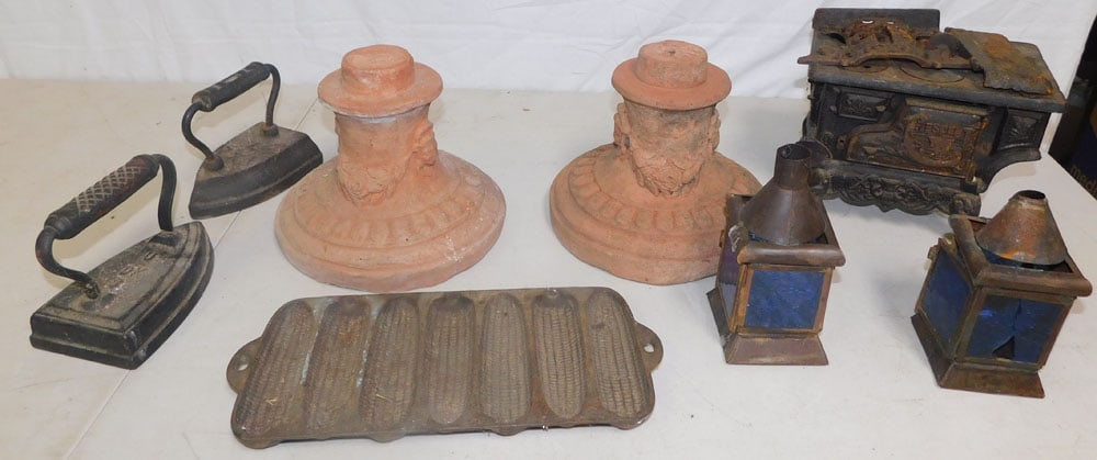 Lot of Cast Iron Items & Terracotta Stands: Lot of Cast Iron Items & Terracotta Stands. ALL DESCRIPTIONS AND ANY CONDITION STATEMENT GIVEN BY LANGSTON AUCTION GALLERY ARE STRICTLY OPINIONS AND LANGSTON'S SHALL HAVE NO RESPONSIBILITY FOR ERRORS