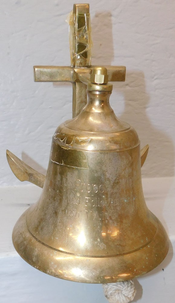 Nautical Brass Bell: Nautical Brass Bell. 8 1/2" H ALL DESCRIPTIONS AND ANY CONDITION STATEMENT GIVEN BY LANGSTON AUCTION GALLERY ARE STRICTLY OPINIONS AND LANGSTON'S SHALL HAVE NO RESPONSIBILITY FOR ERRORS OR OMISSIONS. 